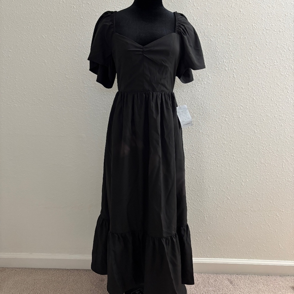 NSR Black Midi Delphine Tiered Dress